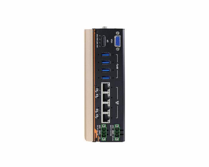 POC-500 Serie - Lüfterloser ultrakompakter Embedded-PC mit AMD Ryzen™ V1000-CPU und PoE+-, USB 3.0- und MezIO™-Schnittstelle - front