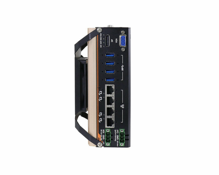 POC-500 Serie - Lüfterloser ultrakompakter Embedded-PC mit AMD Ryzen™ V1000-CPU und PoE+-, USB 3.0- und MezIO™-Schnittstelle - front mit optionalem Lüfter