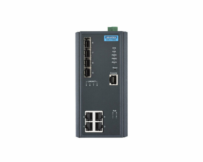 EKI-7708G-4FP - Industrieller 8-Port Unmanaged Gigabit PoE Ethernet Switch mit 4x Gigabit-PoE- und 4x SFP- Ports - front